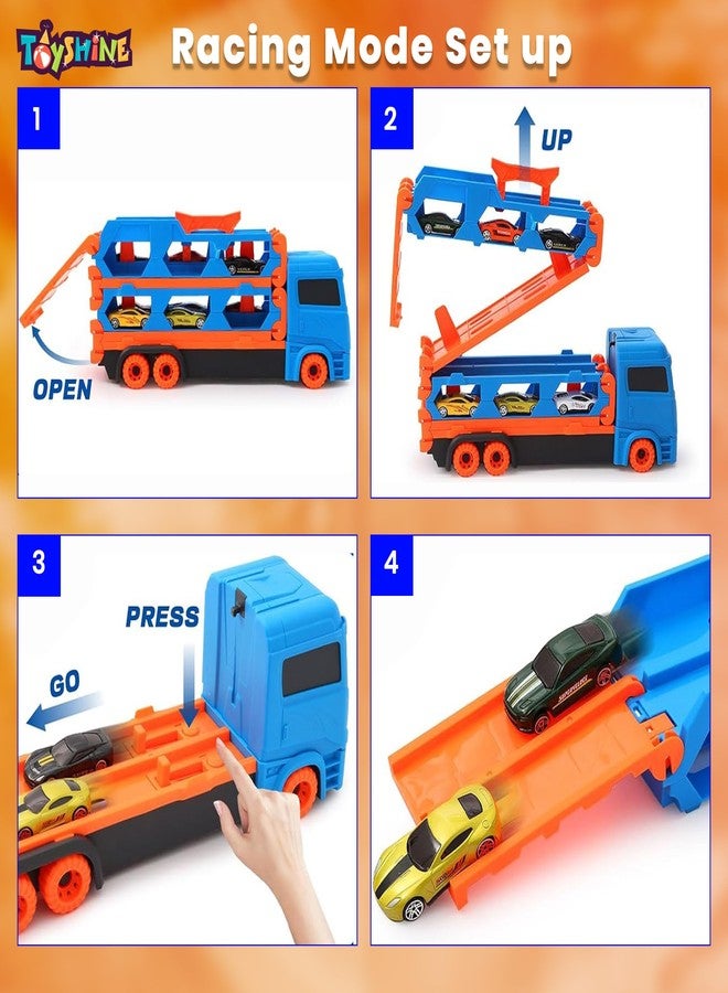 Toyshine Big Hauler Storage & Deform Transport Truck Toy with 2 Foldable Ejection Race Track & 2 Pc Die cast Cars for Kids Boys Girls 3+ Years - Image 3